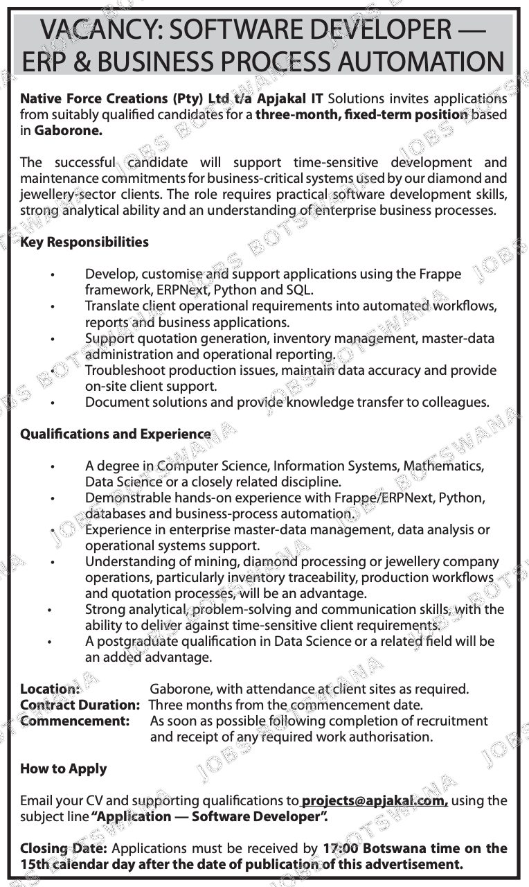 Original job advert — Jobs Botswana