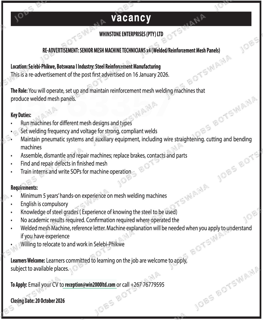 Original job advert — Jobs Botswana