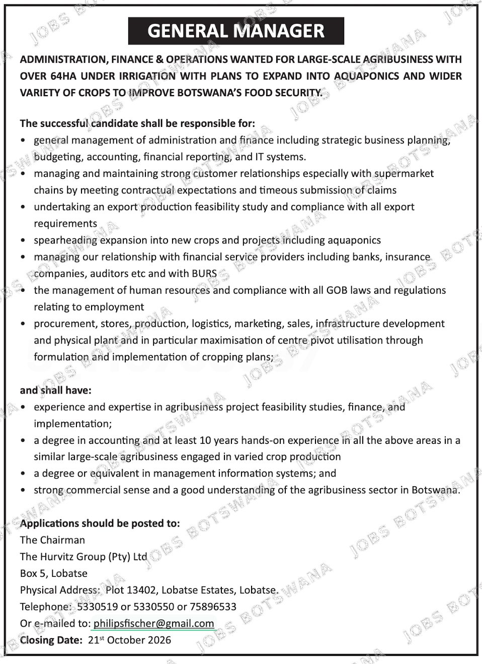Original job advert — Jobs Botswana